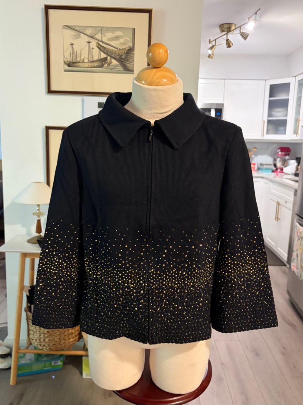 St. John Evening Black Santana Knit Zip-Front Jacket with Gold Stud Gradient